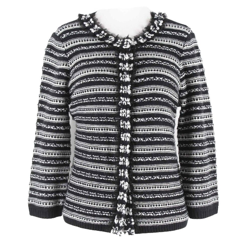 Bellefleur Sz S Black White Chiffon Trim Snap Up Acrylic Knit Cardigan